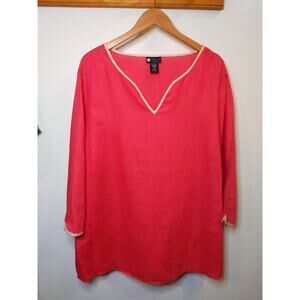 Carole Little Womens 2X Coral Pink 100% Linen Tunic Top Cream Trim 3/4 Sleeve